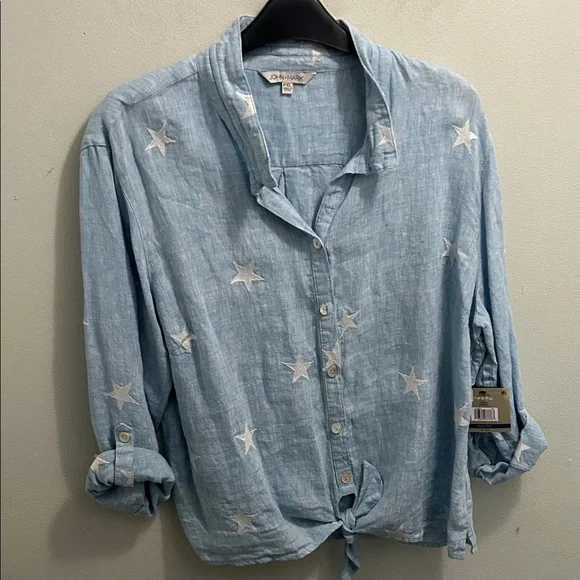 Women's Light Blue Star Linen Tie-Front Shirt - Picture 6 of 7